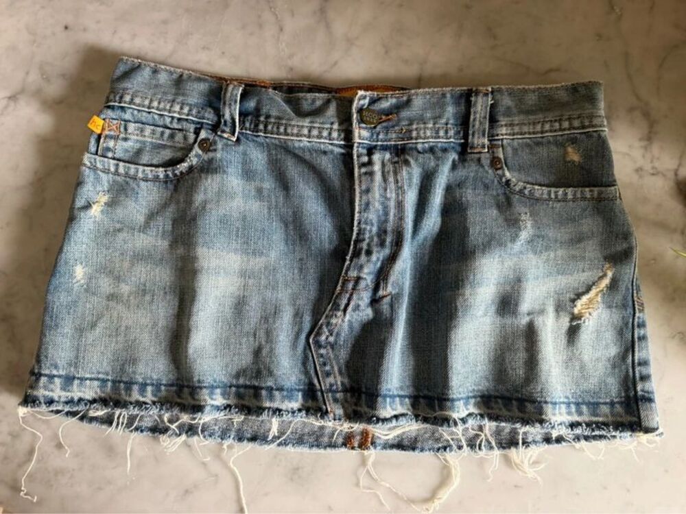 Hollister Low Rise Ripped Denim Mini Skirt Raw Hem Y2K